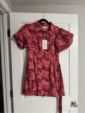 LIKELY Fran Bubble Sleeve Button Down Pink Paisley Dress